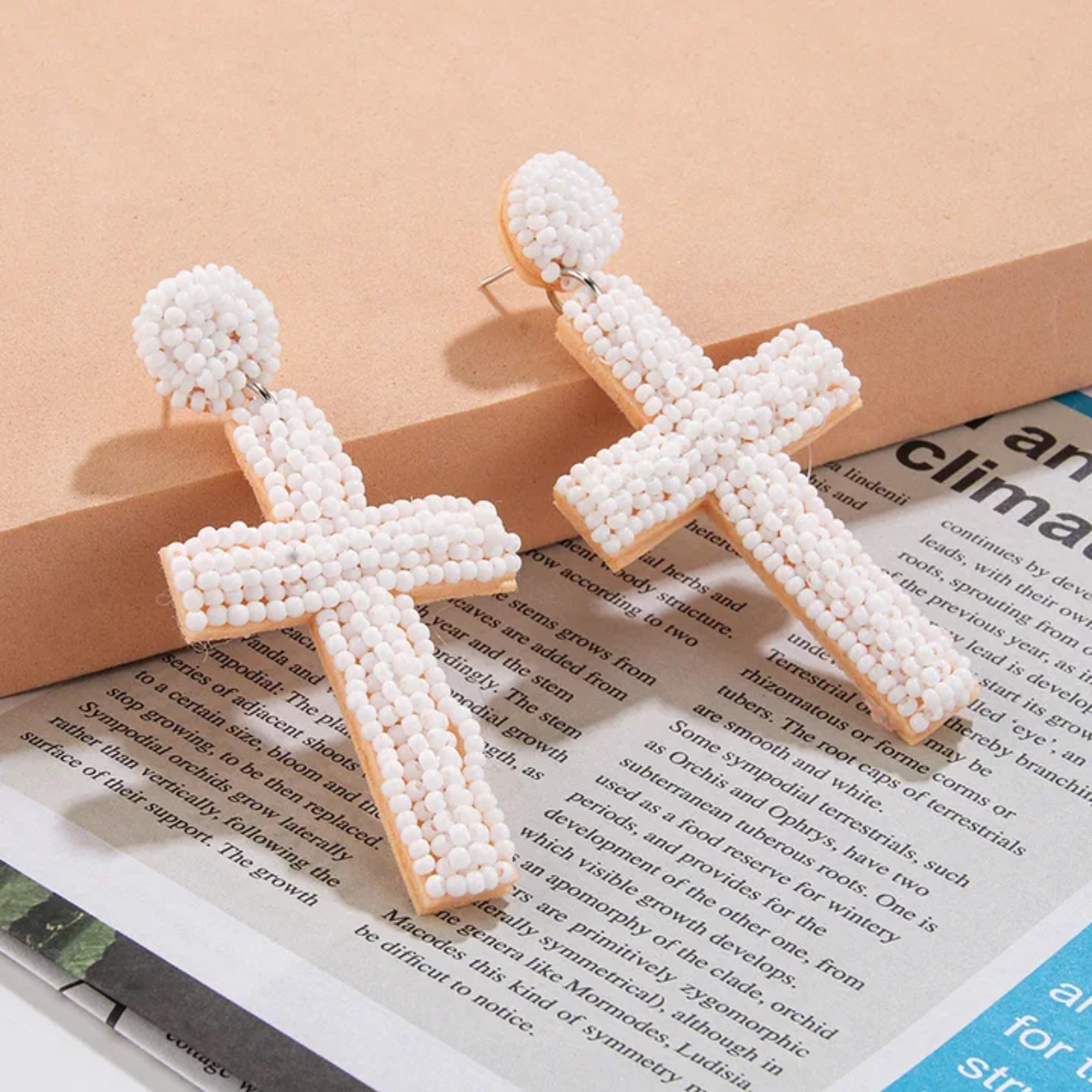 Ivory Beaded Cross Earrings