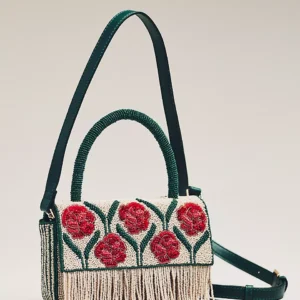 Beaded Fringe Floral Top-Handle Bag