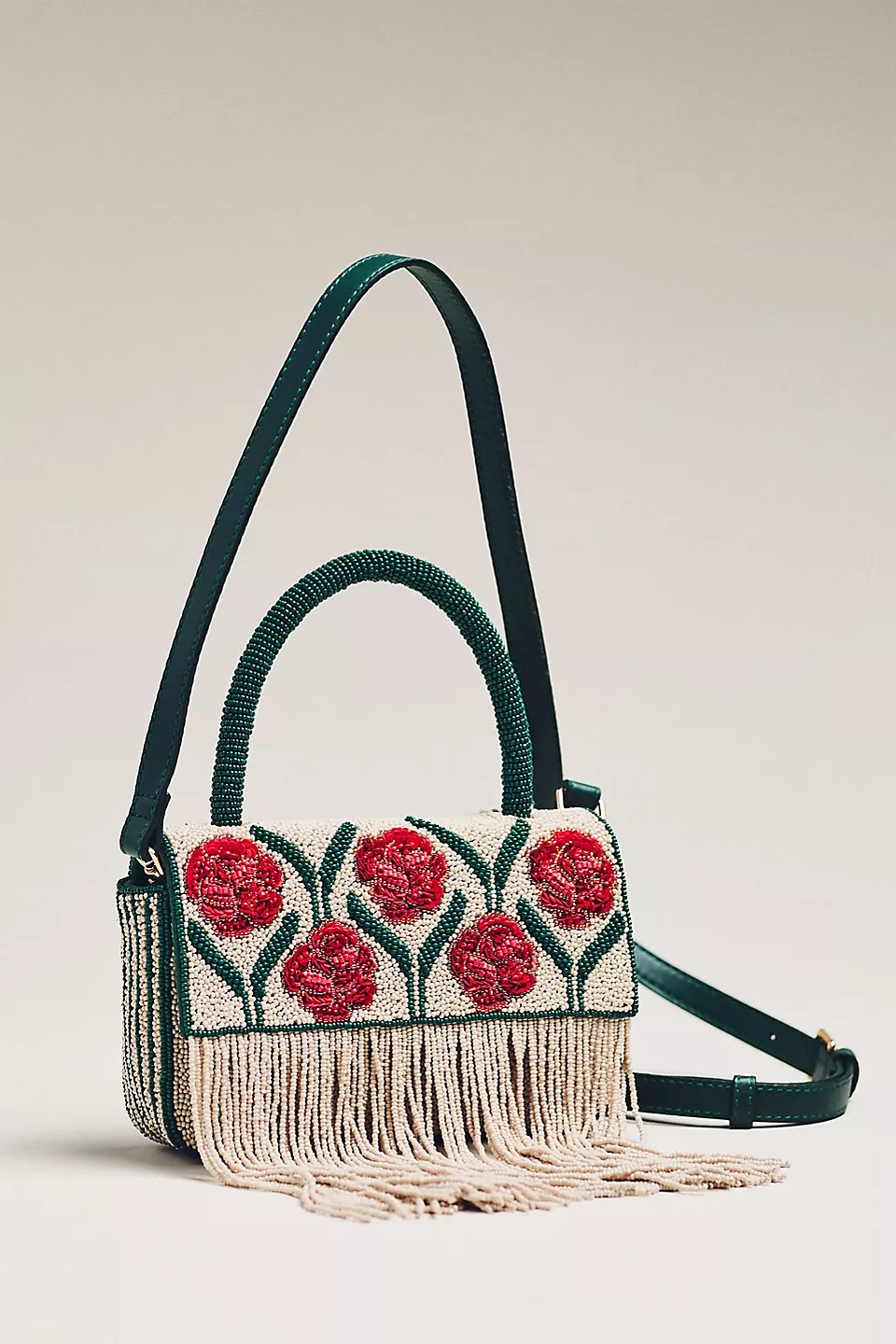 Beaded Fringe Floral Top-Handle Bag